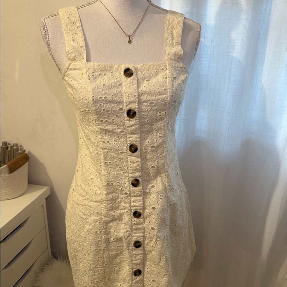 American Eagle Outfitters Ivory Eyelet Button-Front Mini Dress